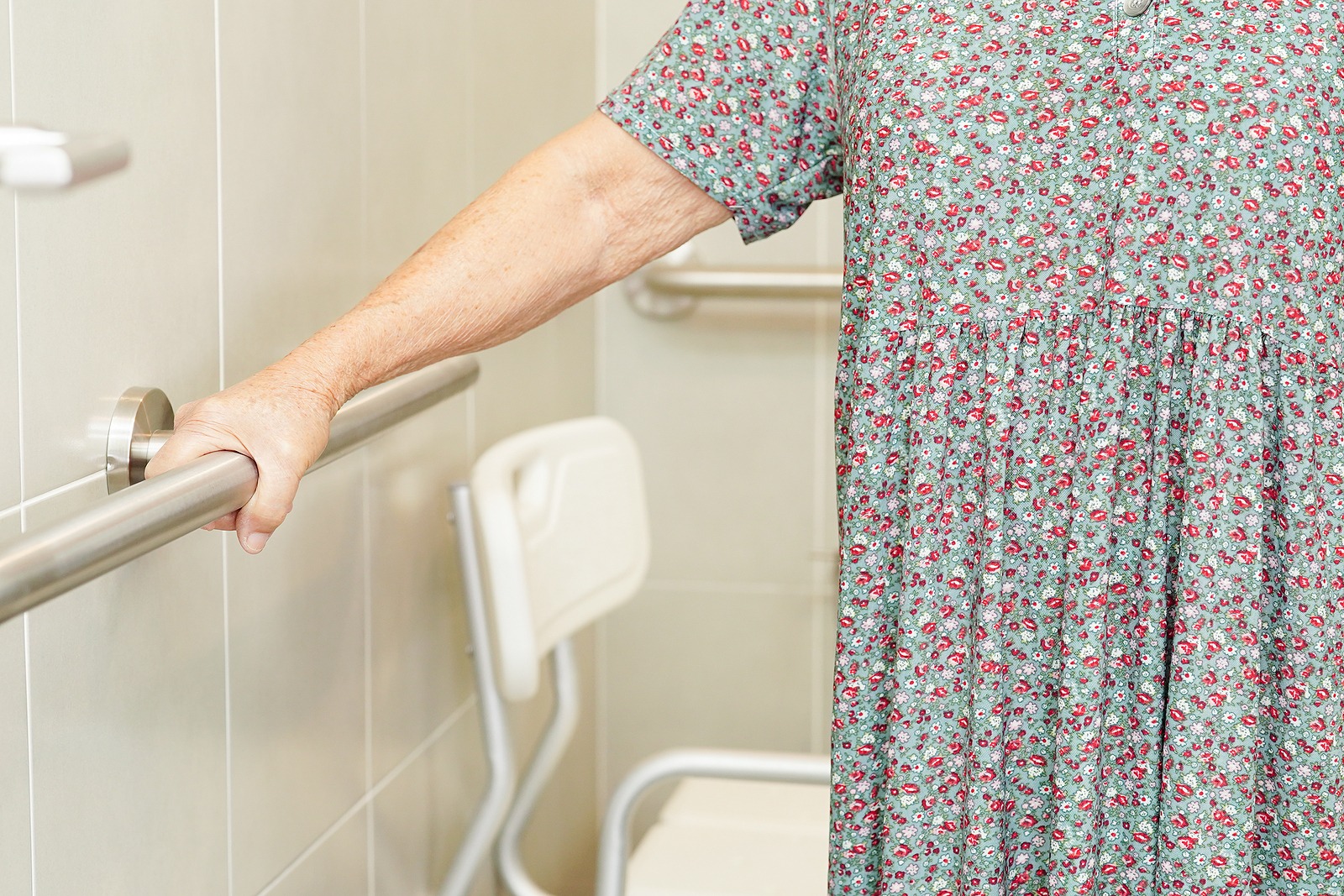 Asian Elderly Old Woman Patient Use Toilet Support Rail In Bathr